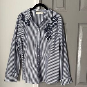 Chico's Blue and White Striped Button Down Cotton Shirt with Embroidered Detail